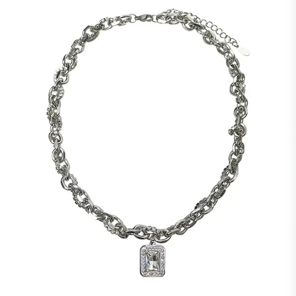 Stainless Steel Crystal Chunky Charm Pendant Necklace Paperclip Chain - Picture 1 of 9
